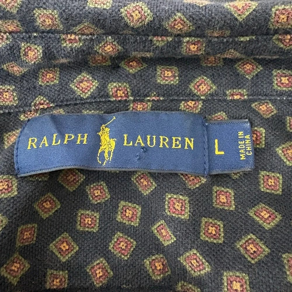 Ralph‎ Lauren Polo Shirt Mens Size Large Navy Long Sleeve Geometric Pattern
